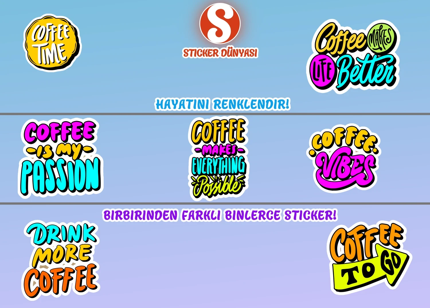 İngilizce Kahve Yazılı Neon Parlak Sticker Koleksiyonu (Coffee1) görsel 4